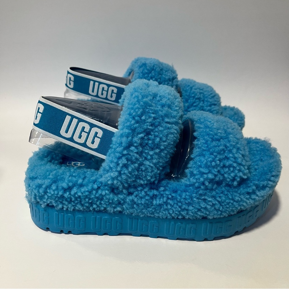 UGG W OH Fluffita Sheepskin Slipper Slide Logo Blue Fluffy